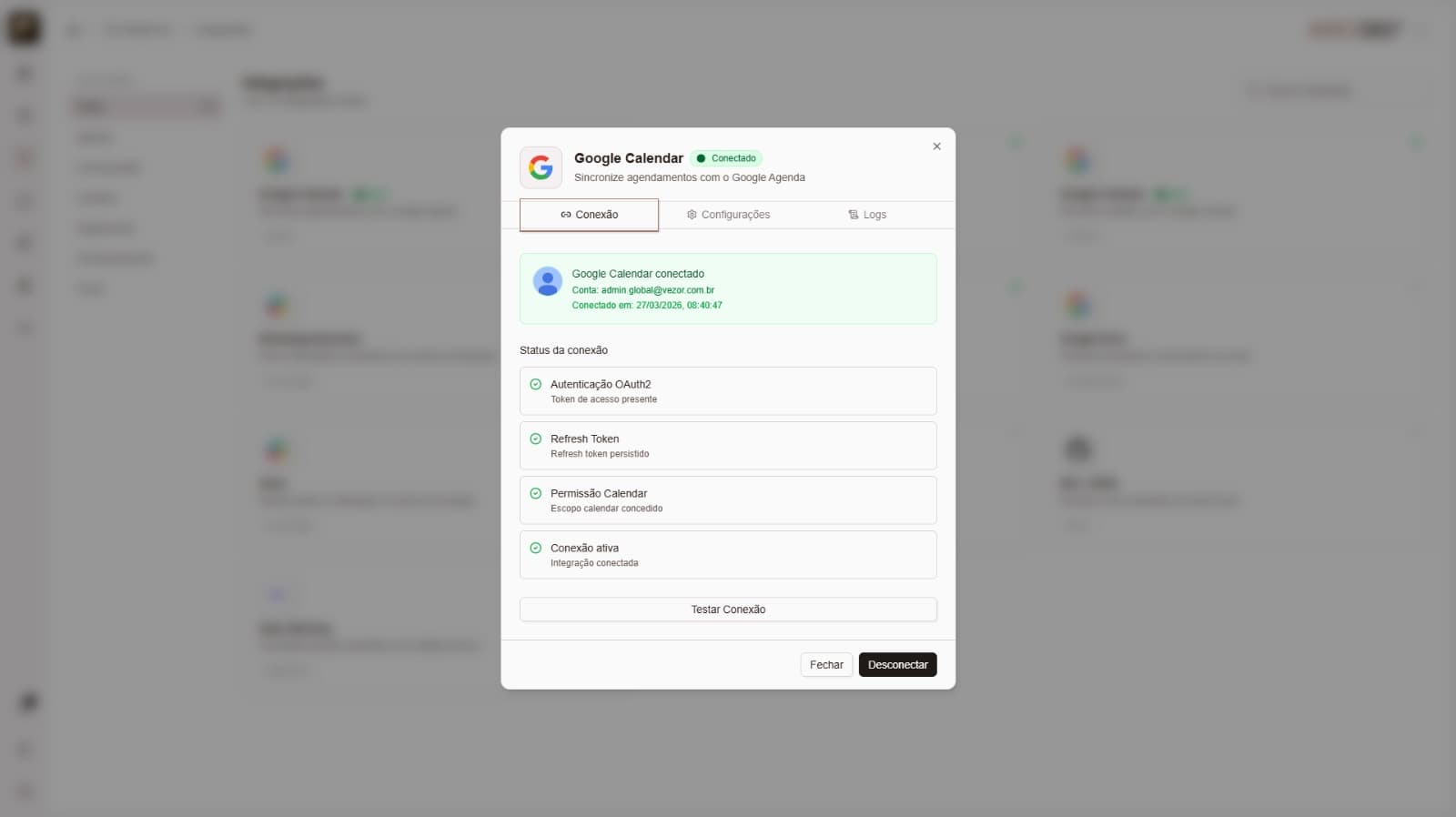 Modal de conexão do Google Calendar